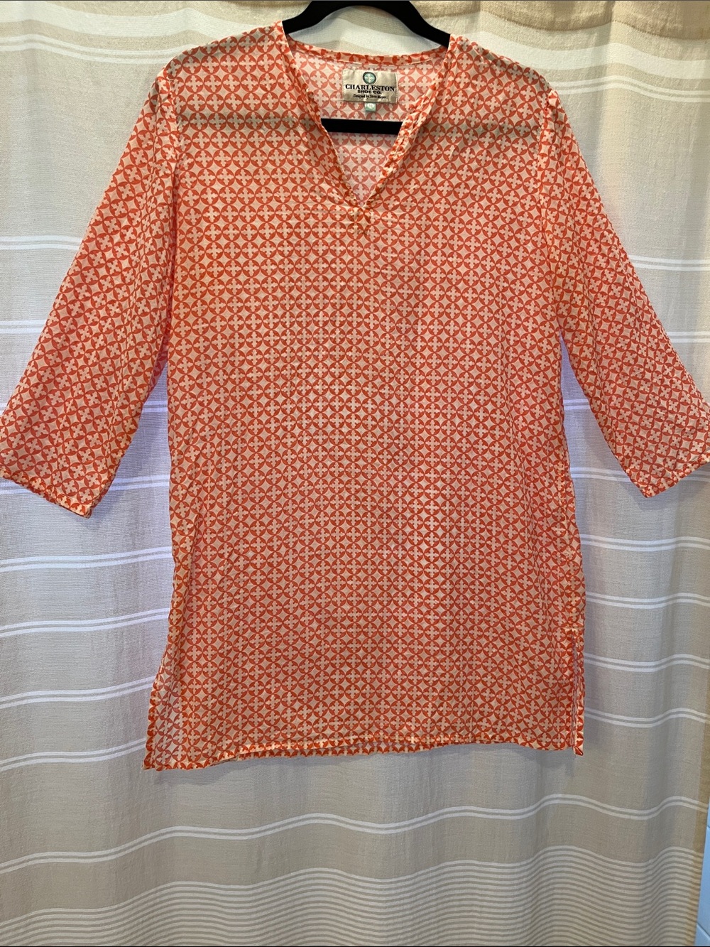 Charleston Shoe Co. Beach Cover Up Coral & White V-Neck Tunic 100% Cotton 🏖️